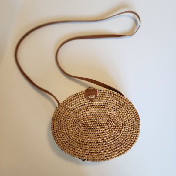 Woven Rattan Round Crossbody Bag With Leather Strap & Floral Lining - Picture 10 of 11